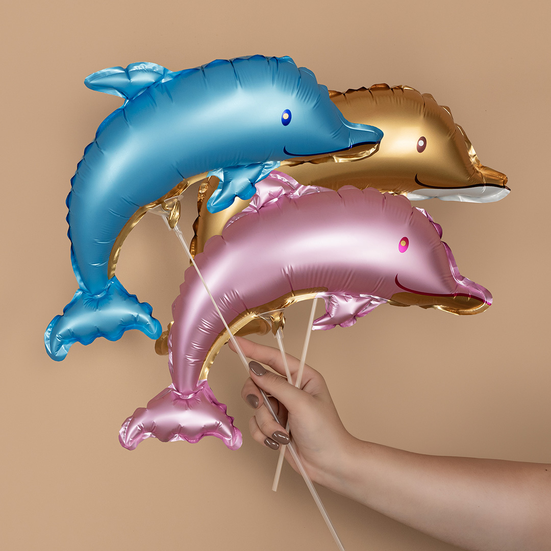 Шар с клапаном (17''/43 см) Мини-фигура, Дельфин, Голубой, Сатин, 5 шт. в уп.