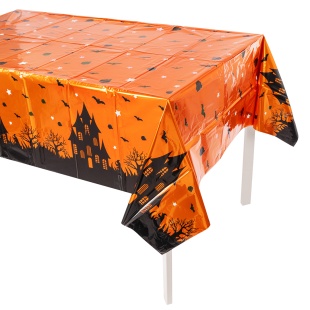 Скатерть одноразовая, Хэллоуин, Замок с привидениями, Оранжевый/Черный, Металлик, 137*183 см, 1 шт.