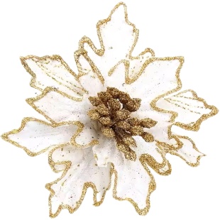 Цветок Пуансеттия, на клипсе, 15 см. Белый/Золото, с блестками, 1 шт.