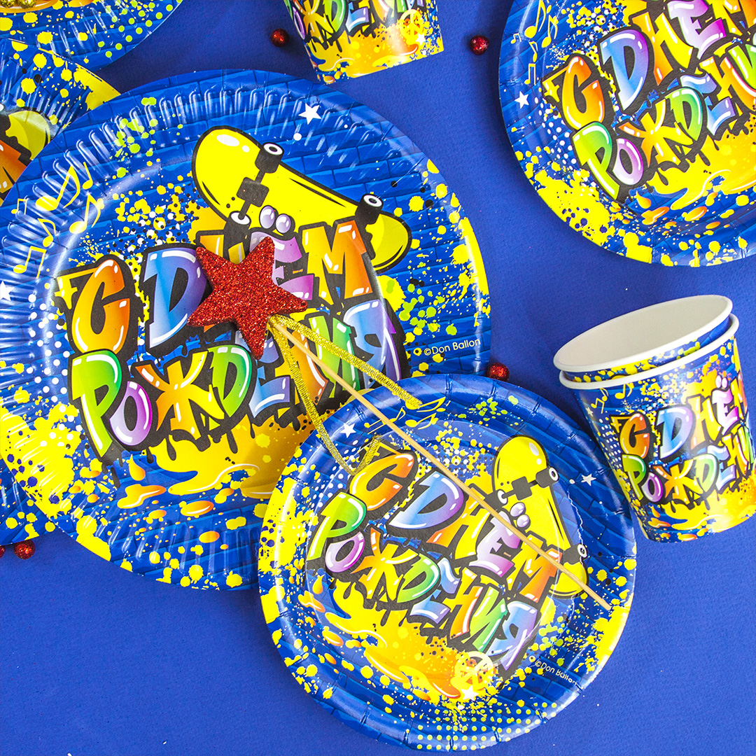 Тарелки (7''/18 см) Граффити, С Днем Рождения!, Синий, 6 шт.