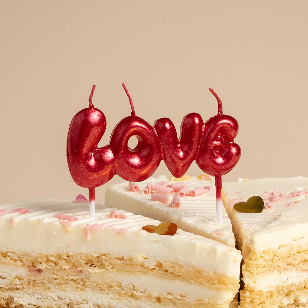 Свеча Надпись Love, Красный, Металлик, 1 шт. с держат.