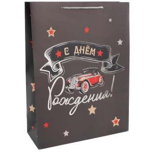 Пакет подарочный, 210гр, С Днем Рождения! (ретро-авто), Металлик, 23*18*10 см, 1 шт.