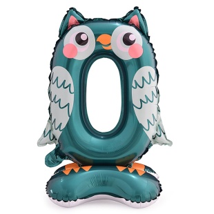 Шар (23''/58 см) Цифра на подставке, 0 Зверята, Сова, 1 шт. в уп.