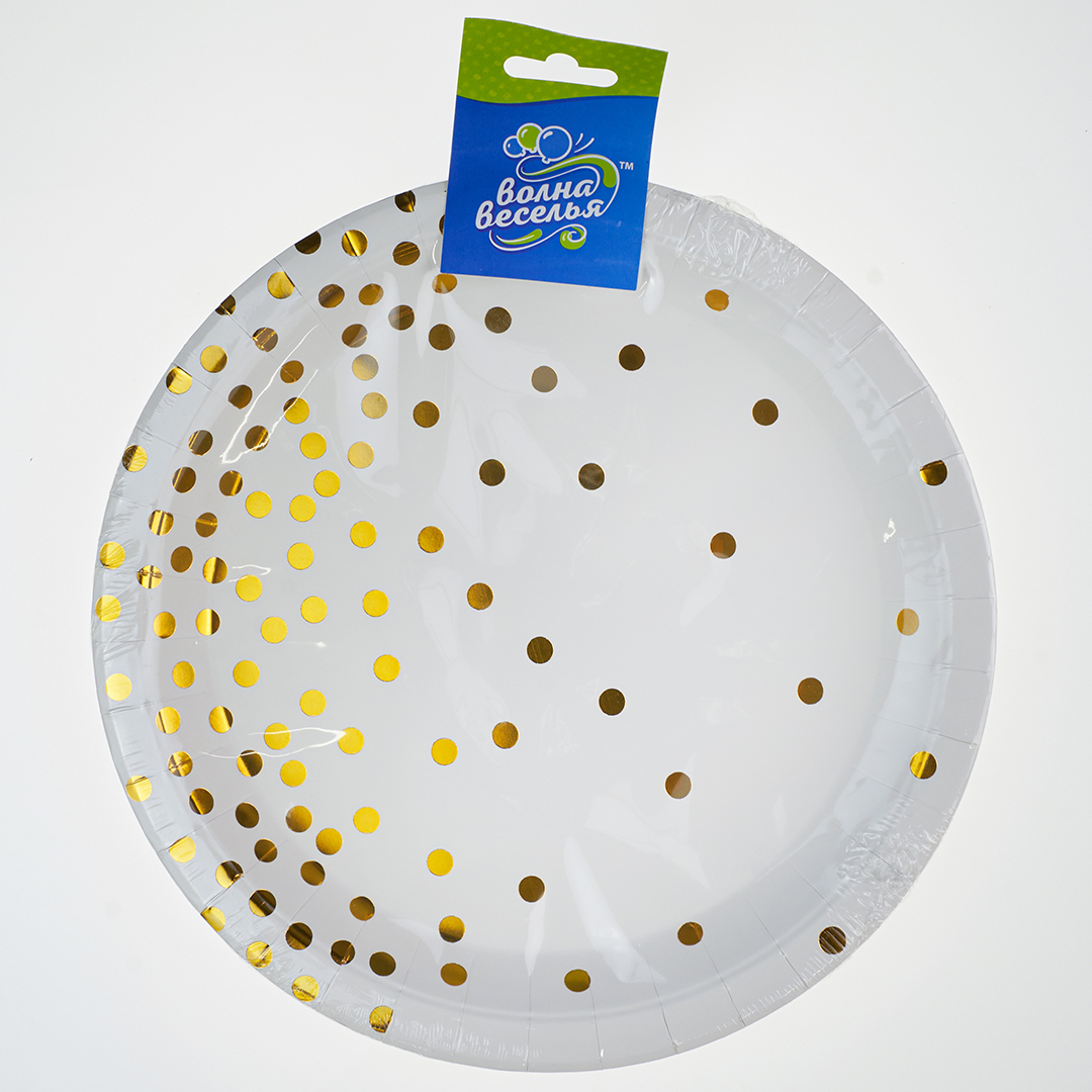 Тарелки (9''/23 см) Конфетти, Белый/Золото, Металлик, 6 шт.