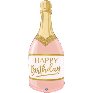 Шар (32''/81 см) Фигура, Бутылка Шампанское, Happy Birthday, Розовый, Сатин, 1 шт. в уп.