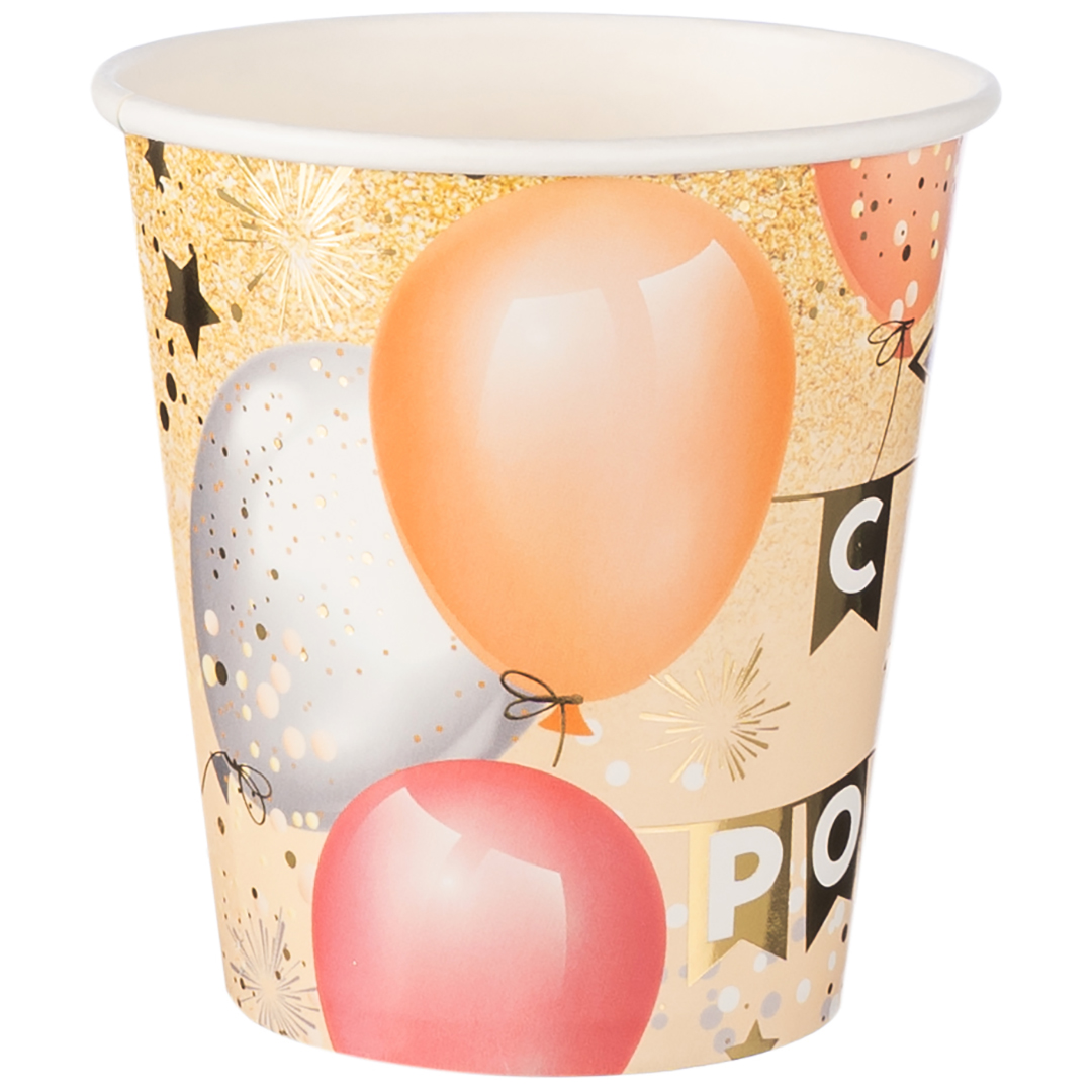 Стаканы (250 мл) С Днем Рождения (флажки), Металлик, 6 шт.