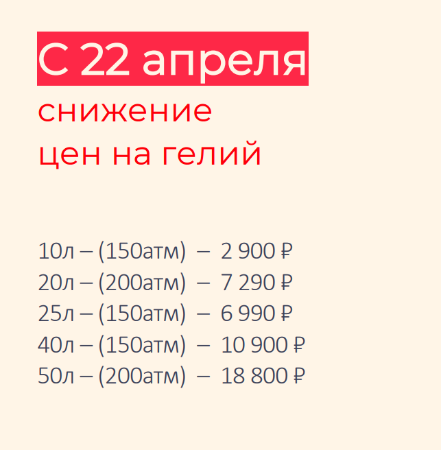 Снижение цен на гелий с 22 апреля