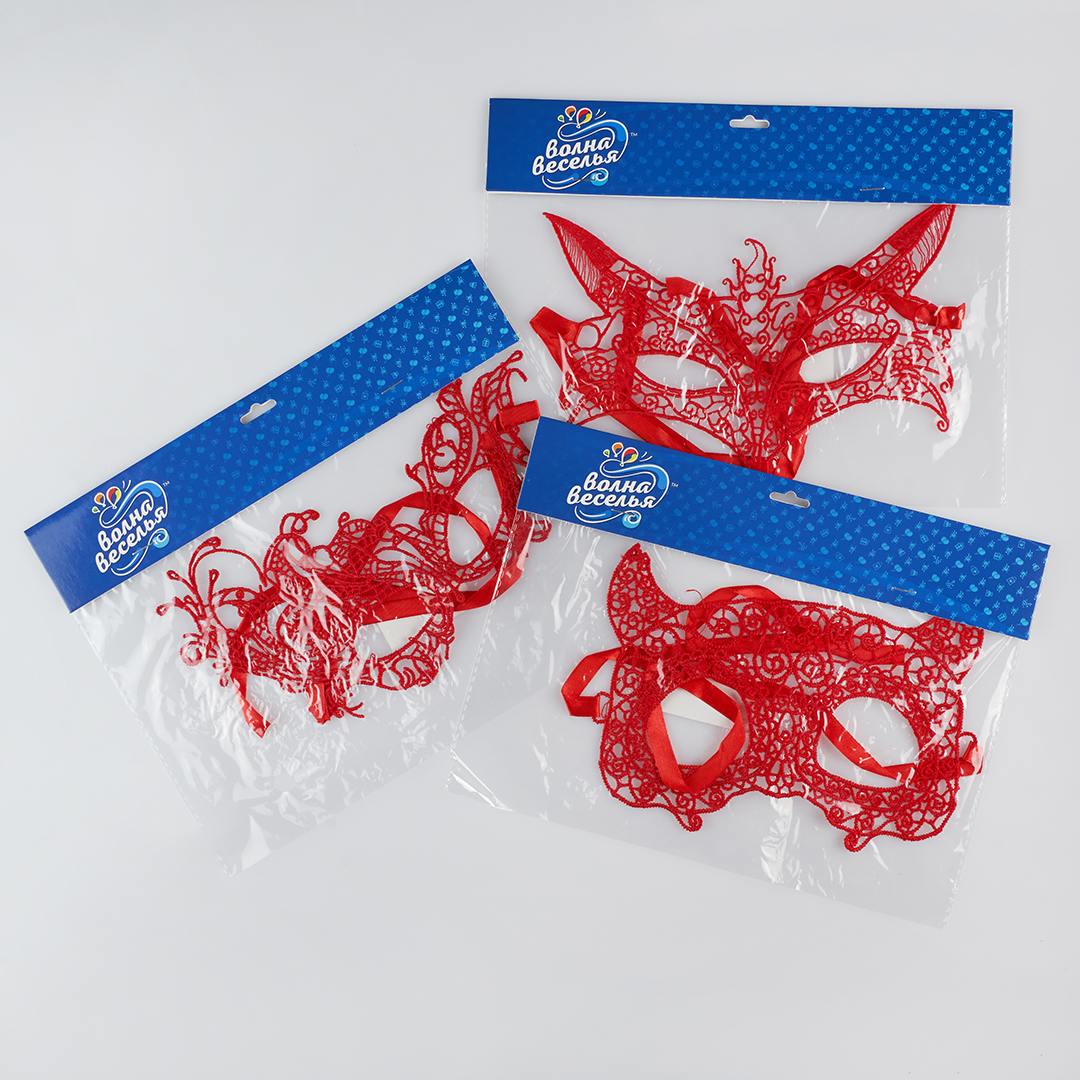 Маска кружевная, фигурная, Чертовка, Красный, 16*24 см, 1 шт. 