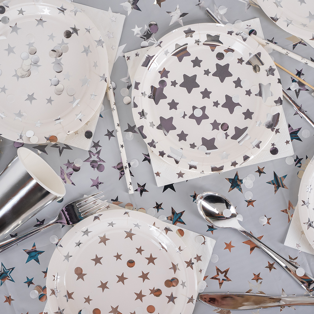 Тарелки (7''/18 см) Серебристые звезды, Белый/Серебро, Металлик, 6 шт.