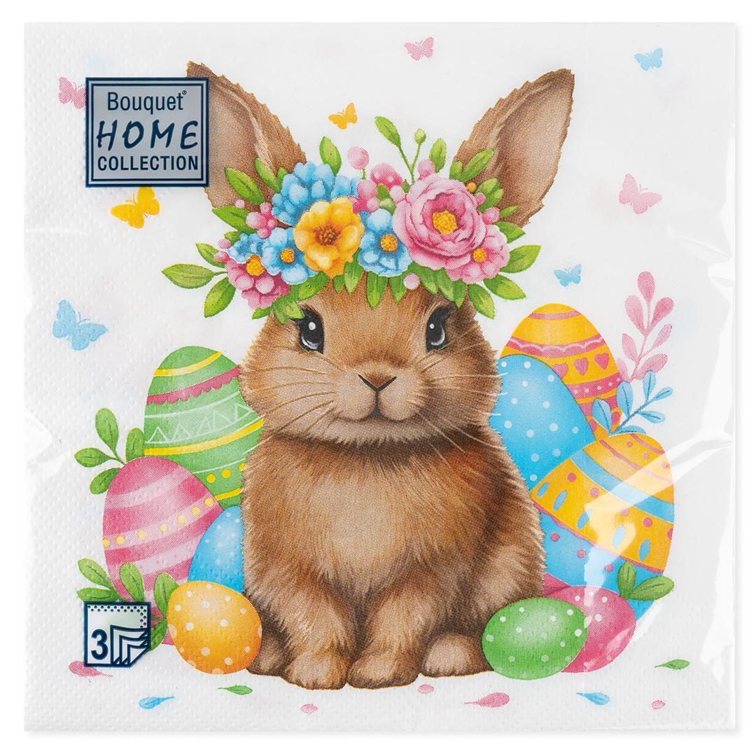 Сервировочные салфетки, Кролик в цветочном венке, 33*33 см, 20 шт.