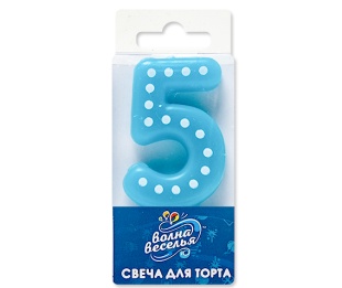 Свеча Цифра, 5 Белые точки, Голубой, 3*4,5 + 1,5 см, 1 шт. с держат.