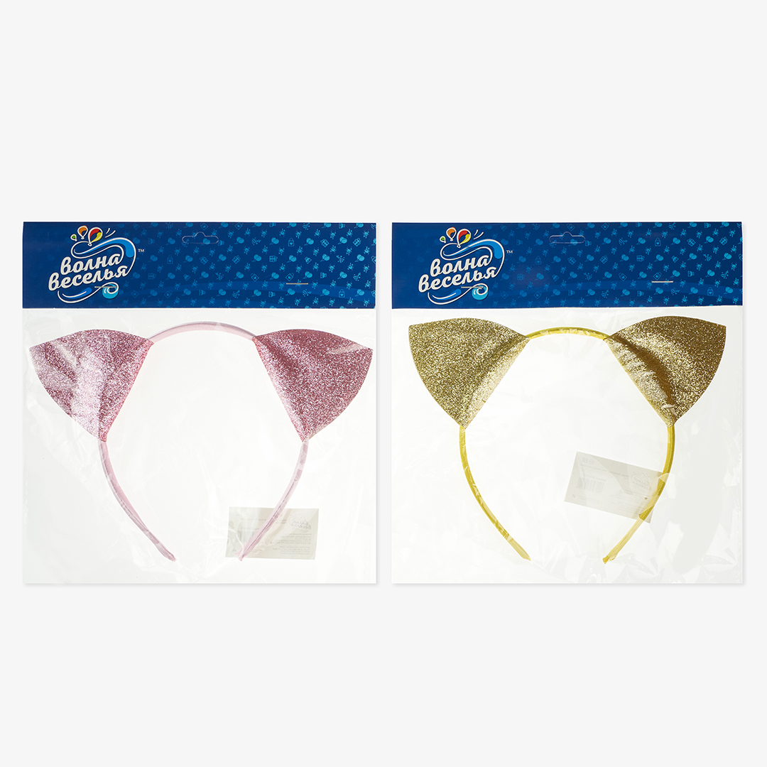 Ободок, Элегантные Ушки, Золото, с блестками, 1 шт. 