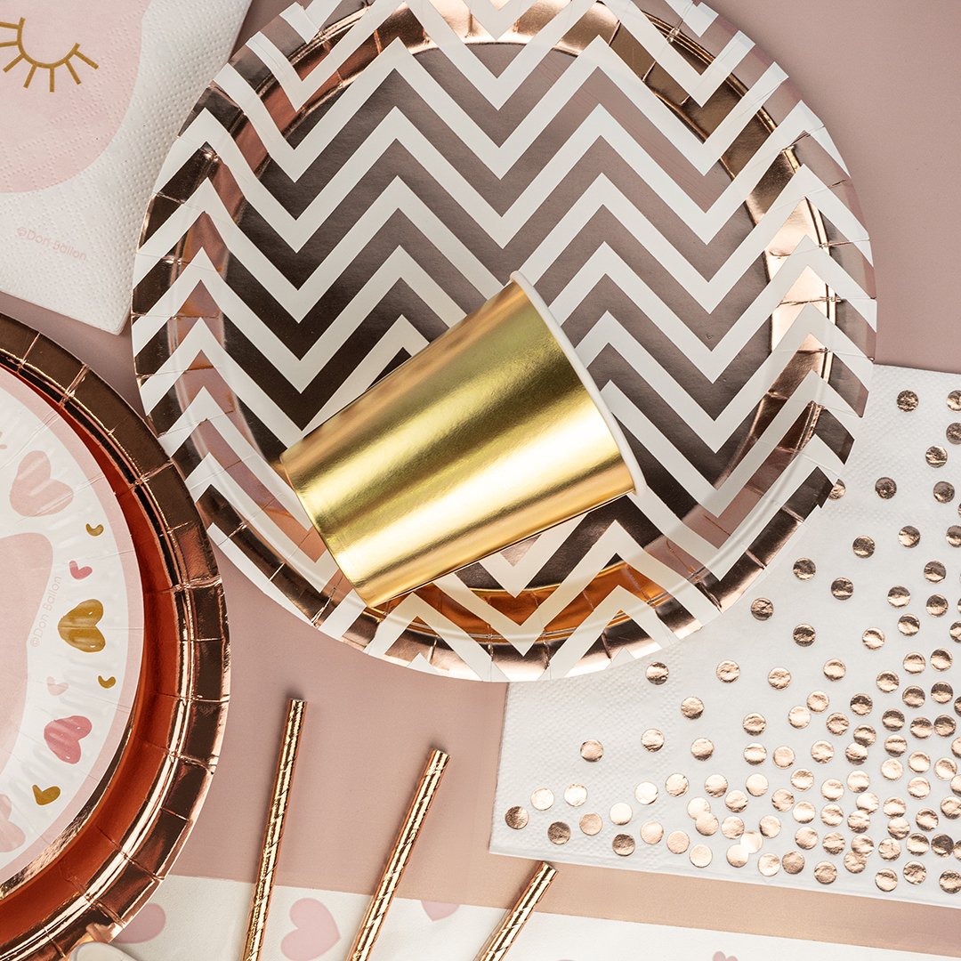 Тарелки (9''/23 см) Зигзаги, Белый/Розовое золото, Металлик, 6 шт.