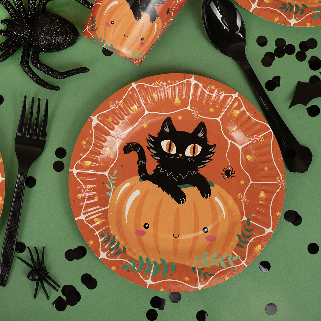 Тарелки (7''/18 см) Кошка на тыкве, Оранжевый, 6 шт.