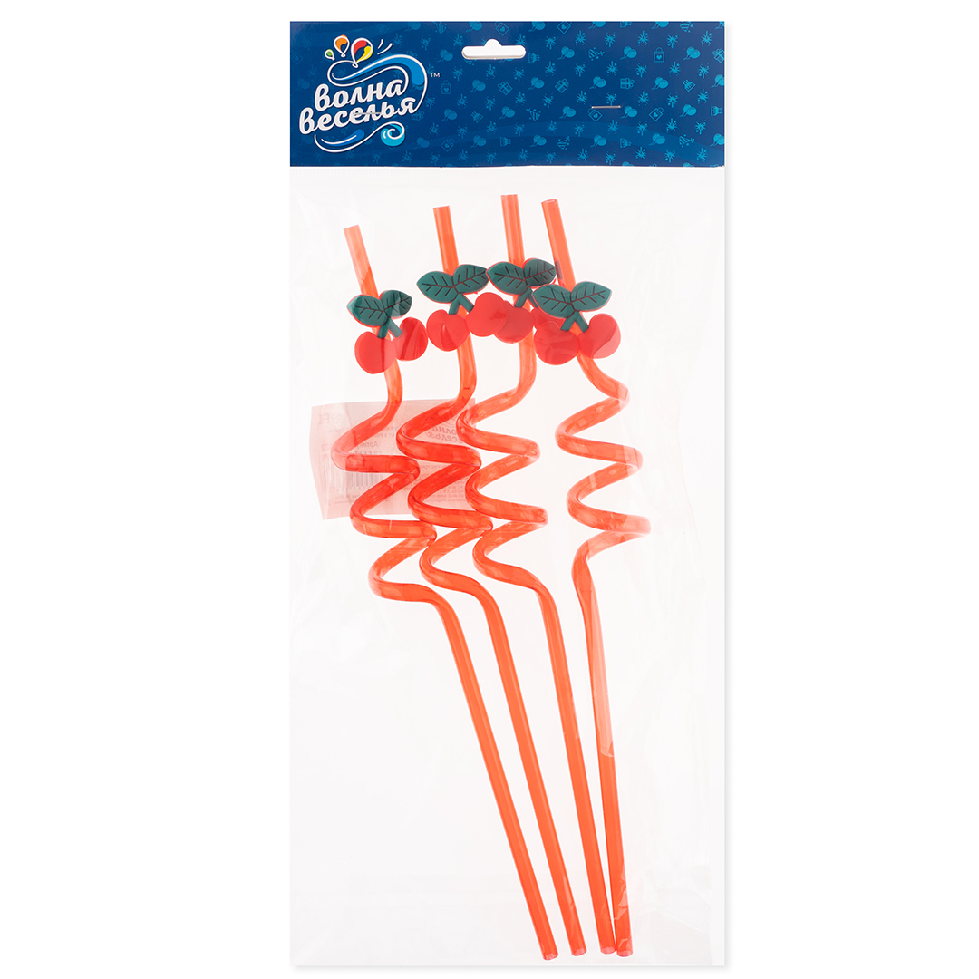 Трубочки для коктейлей (пластик), Вишенки, Красный, 4 шт. в упак. 