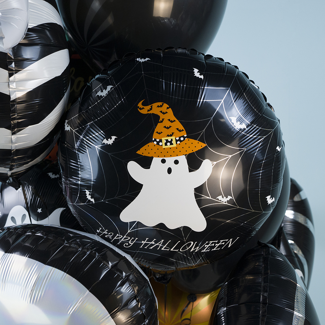 Шар (21''/53 см) Круг, Привидение на Хэллоуин, Черный, 1 шт.