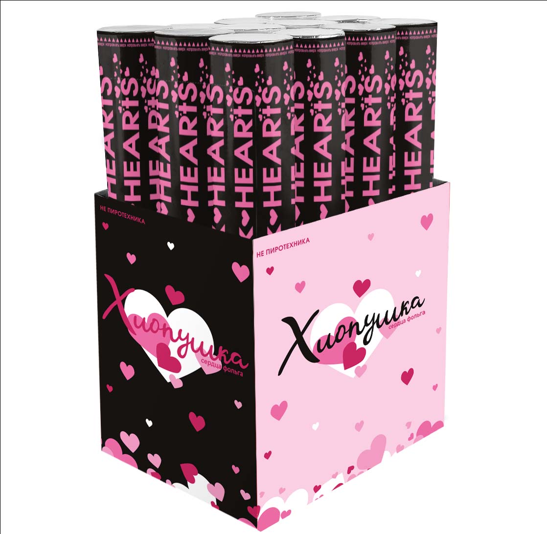 Пневмохлопушка (12/30 см), Сердца фольга, Розовый, Металлик, 1 шт.