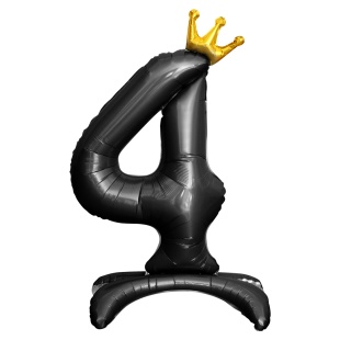 Шар (32''/81 см) Цифра на подставке, 4 Золотая корона, Черный, 1 шт. в уп.