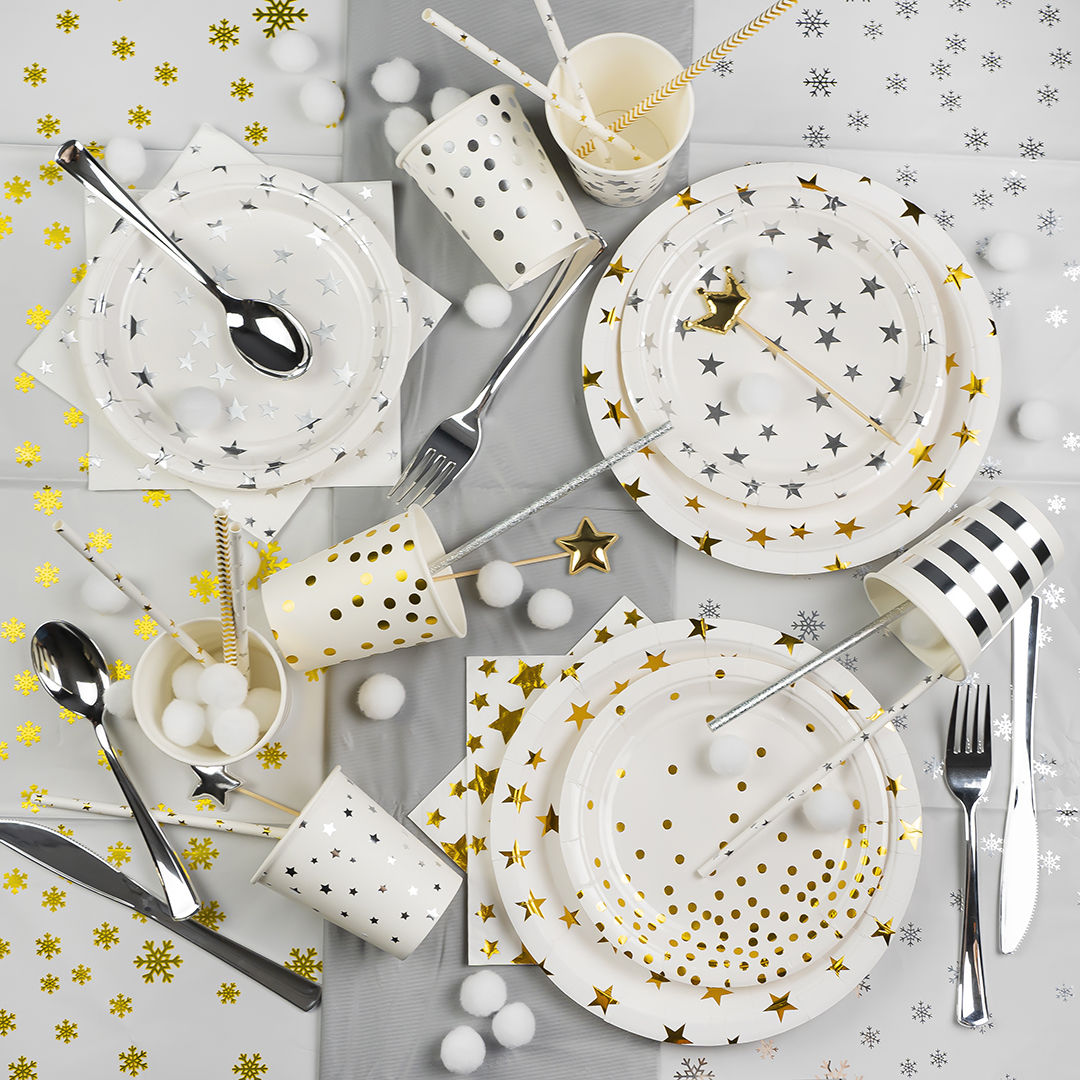 Тарелки (7''/18 см) Серебристые звезды, Белый/Серебро, Металлик, 6 шт.