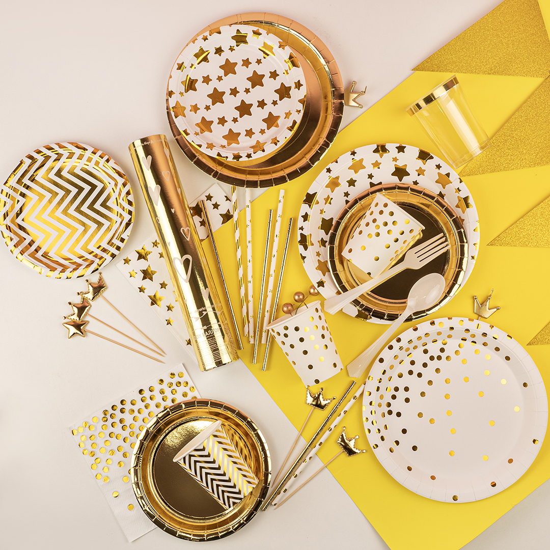 Тарелки (9''/23 см) Звезды Микс, Белый/Золото, Металлик, 6 шт.