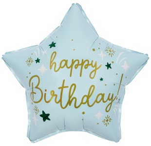 Шар (18''/46 см) Звезда, Happy Birthday (звездочки), Светло-голубой, Сатин, 1 шт. в уп. (цв.этик.)