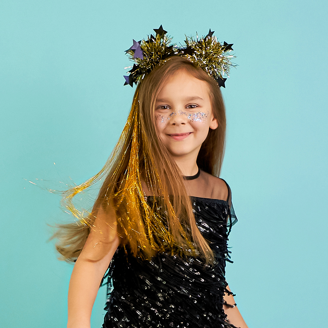 Ободок, Шарики из дождика, Черный/Золото, 1 шт. 