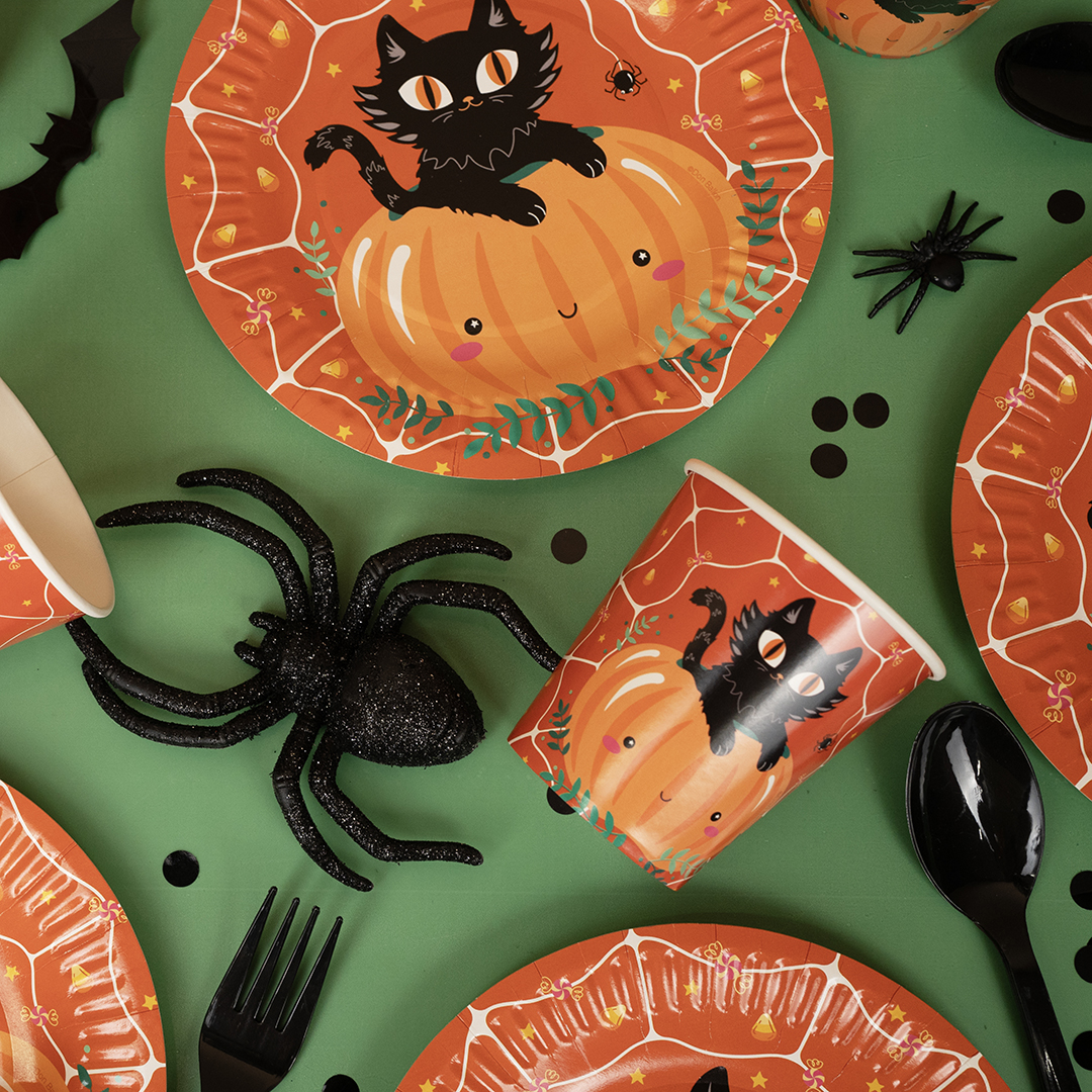 Тарелки (7''/18 см) Кошка на тыкве, Оранжевый, 6 шт.