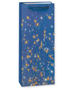 Пакет подарочный для вина, 210гр, Тысячи созвездий, Дизайн №2, Синий/Золото, Металлик, 36*12*9 см, 1