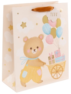 Пакет подарочный, 210гр, Мишка с подарками, Кремовый, Металлик, 32*26*12 см, 1 шт.