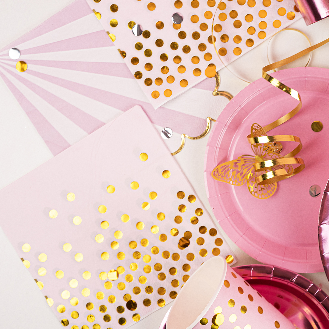 Сервировочные салфетки, Конфетти, Розовый/Золото, Металлик, 33*33 см, 12 шт.