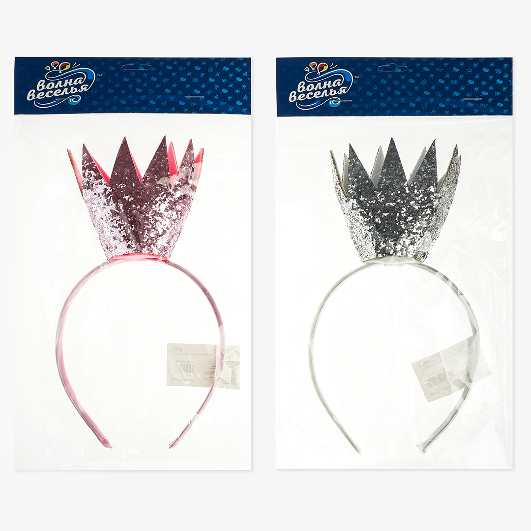 Ободок, Корона, Розовый, с блестками, 1 шт. 