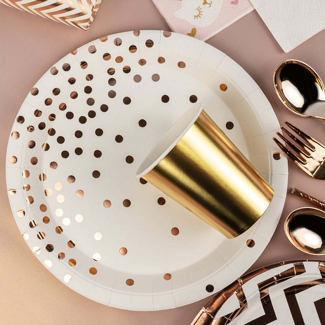 Тарелки (7''/18 см) Конфетти, Белый/Розовое золото, Металлик, 6 шт.