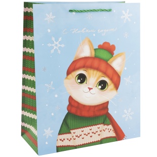 Пакет подарочный, 210гр, С Новым годом! (котик в шапочке), 55*45*20 см, 1 шт.