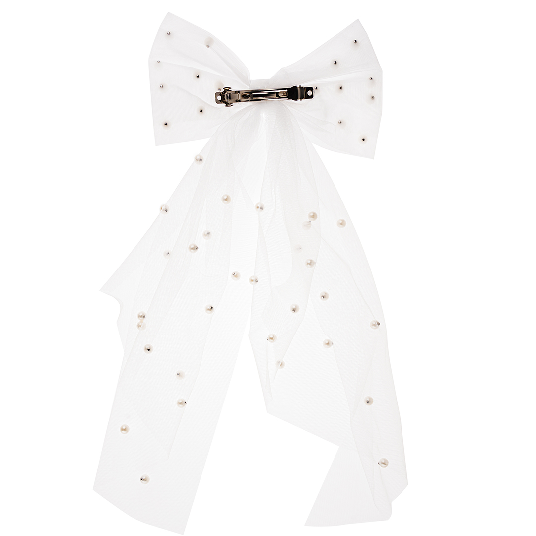 Бант с бусинами на заколке, Белый, 40 см, 1 шт. 