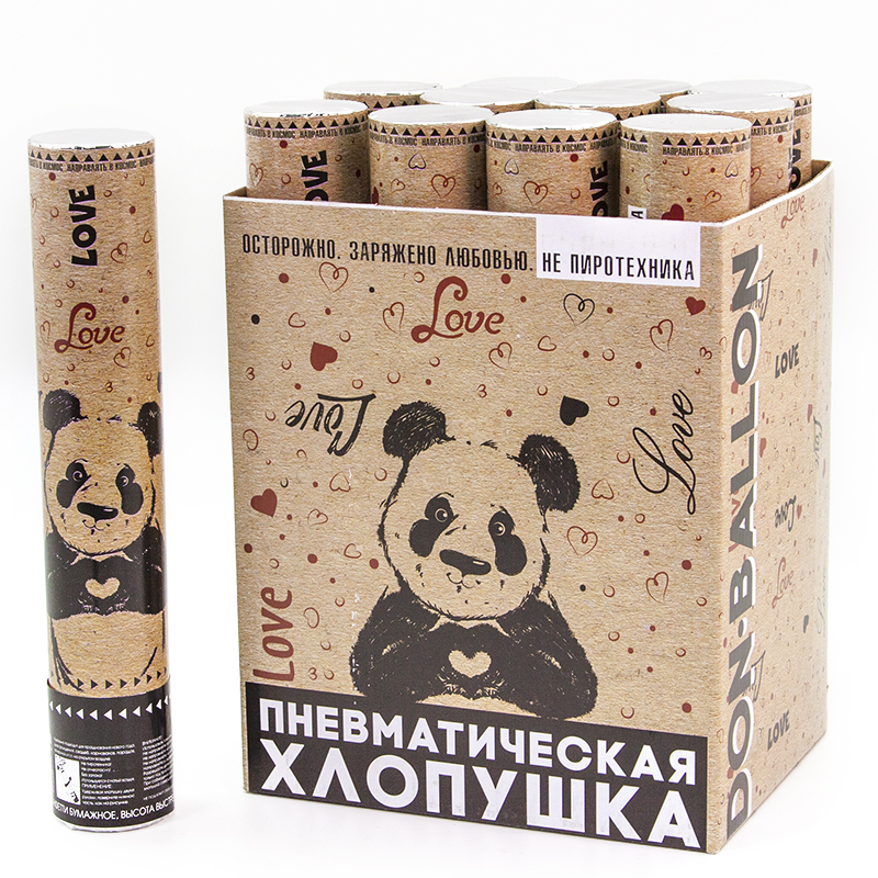 Пневмохлопушка (12/30 см), Панда, Сердца тишью, Красный, 1 шт.