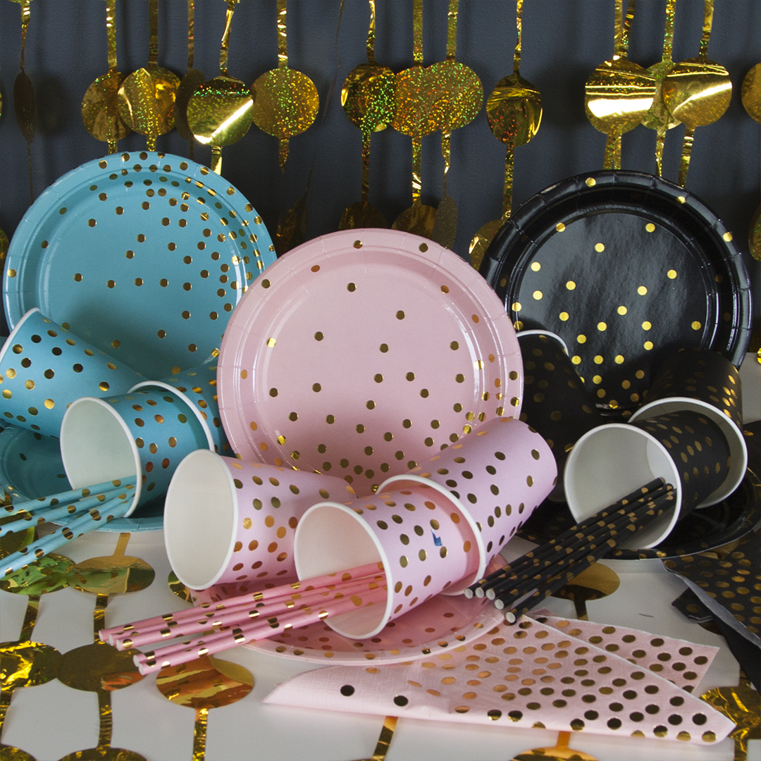 Тарелки (7''/18 см) Конфетти, Голубой/Золото, Металлик, 6 шт.