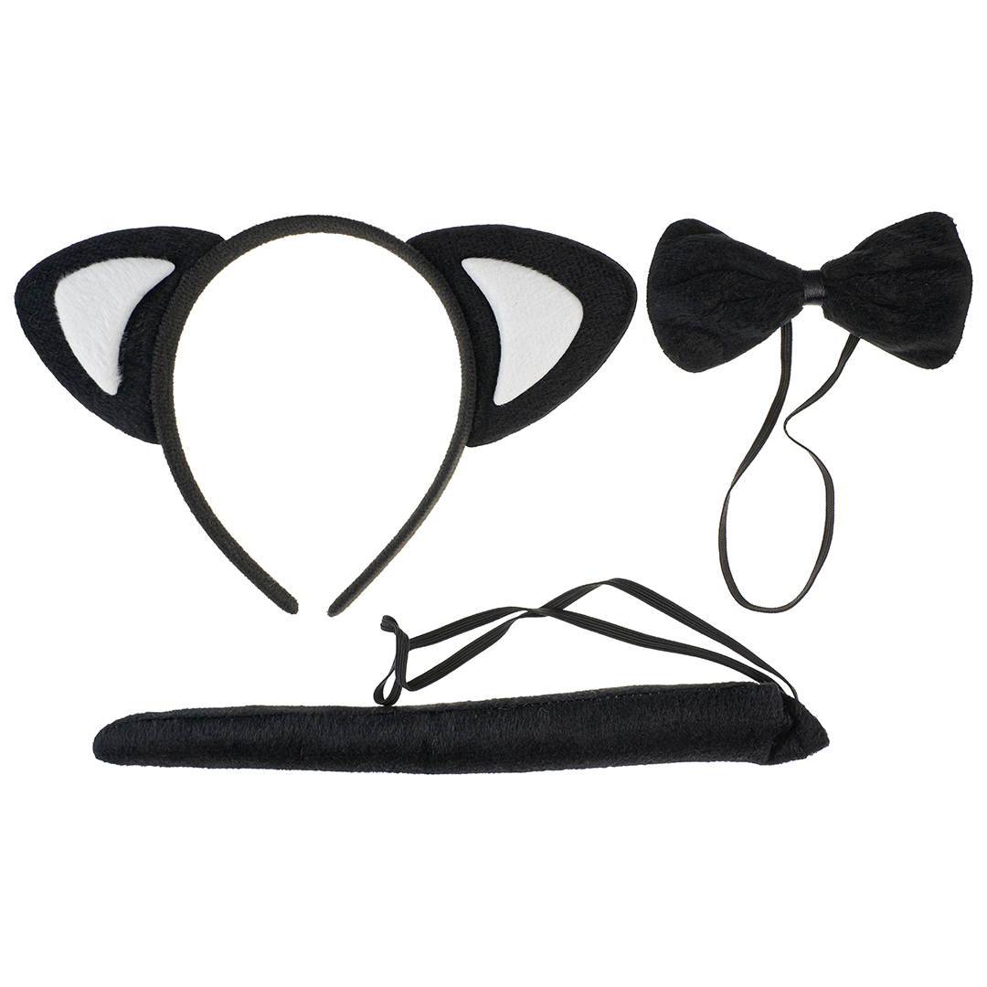 Набор (ушки, бантик, хвостик), Котик, Черный/Белый, 1 шт. 