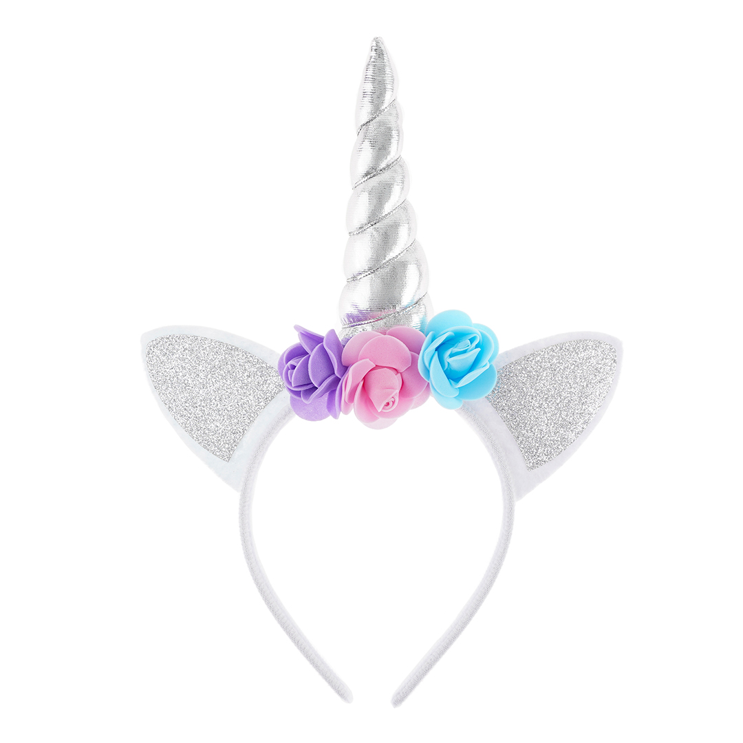 Ободок, Цветочный единорог, Белый/Серебро, с блестками, 1 шт. 