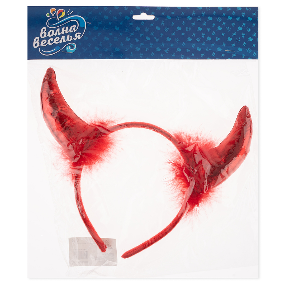 Ободок, Рожки Чертенка, пушистые, Красный, Металлик, 1 шт. 