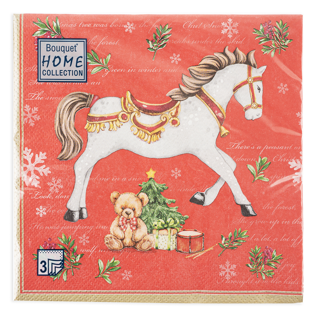Сервировочные салфетки, Новогодняя лошадка, Красный, 33*33 см, 20 шт.