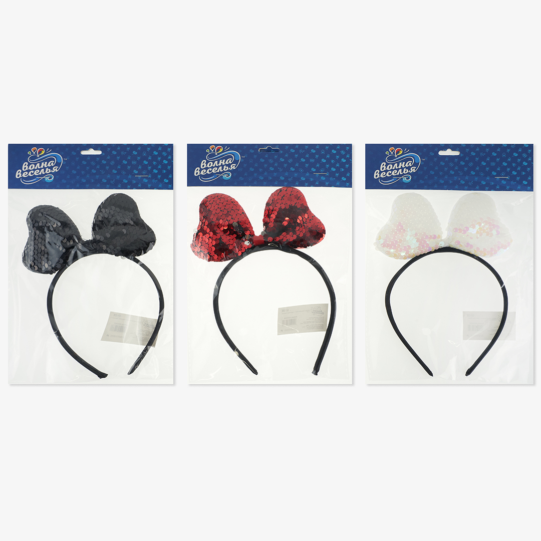 Ободок, Нарядный бант, с пайетками, Черный, 1 шт. 