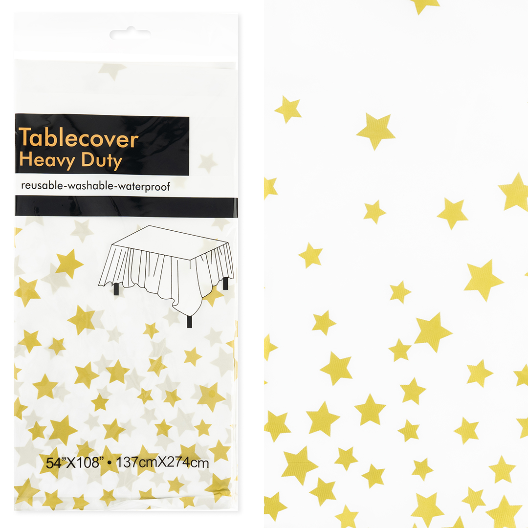 Скатерть одноразовая, Звезды, Белый/Золото, 137*274 см, 1 шт.