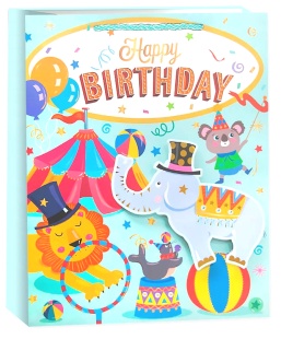 Пакет подарочный, 210гр, Happy Birthday, Детский праздник, Дизайн №2, Металлик, 32*26*12 см, 1 шт.