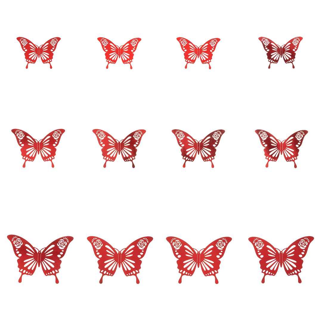 Наклейки Цветочные бабочки, Красный, 8-12 см*12 шт, 1 упак.