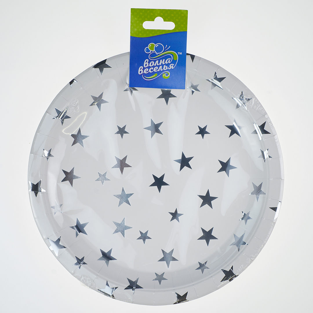 Тарелки (9''/23 см) Серебристые звезды, Белый/Серебро, Металлик, 6 шт.