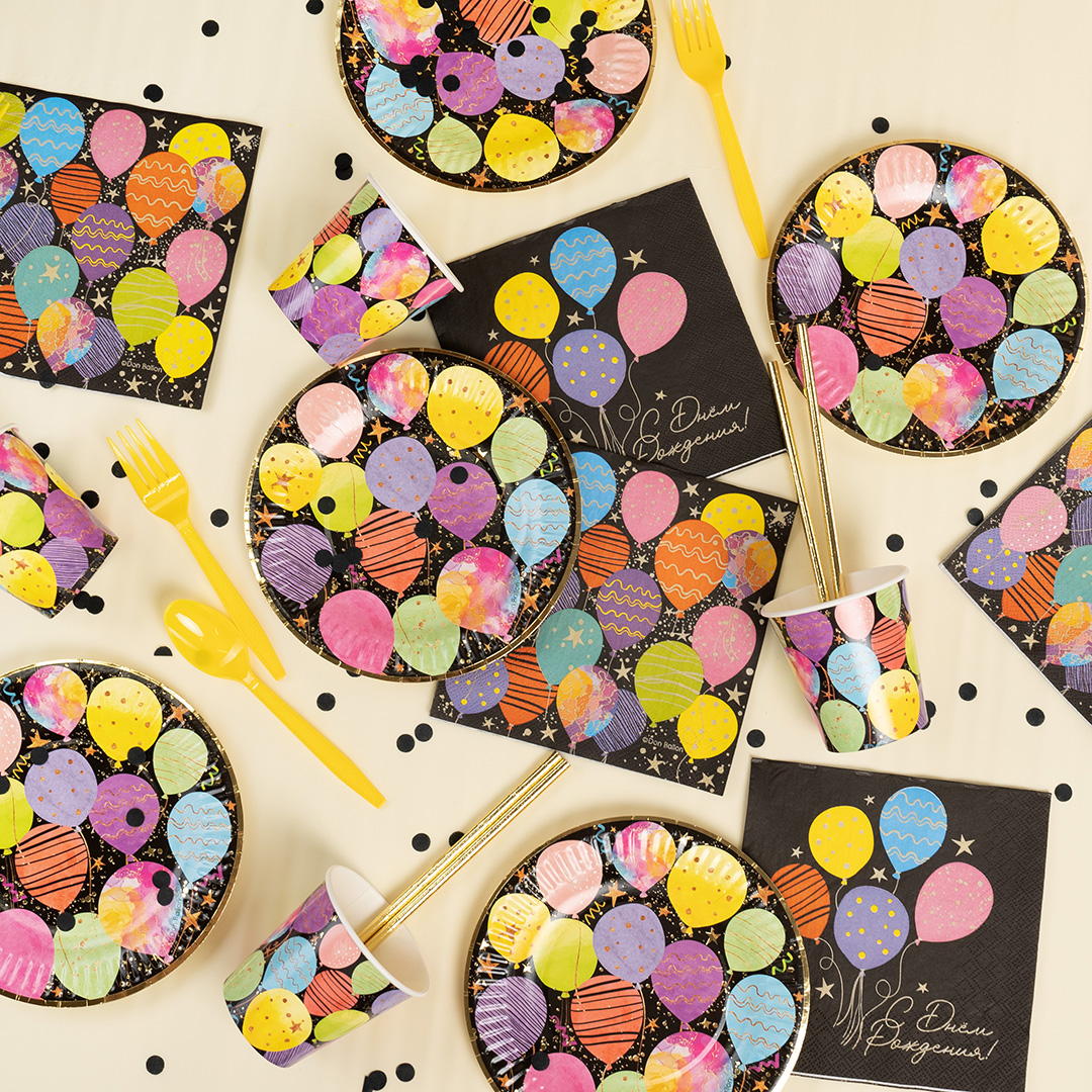 Тарелки (7''/18 см) Воздушные шары, Черный, Металлик, 6 шт.