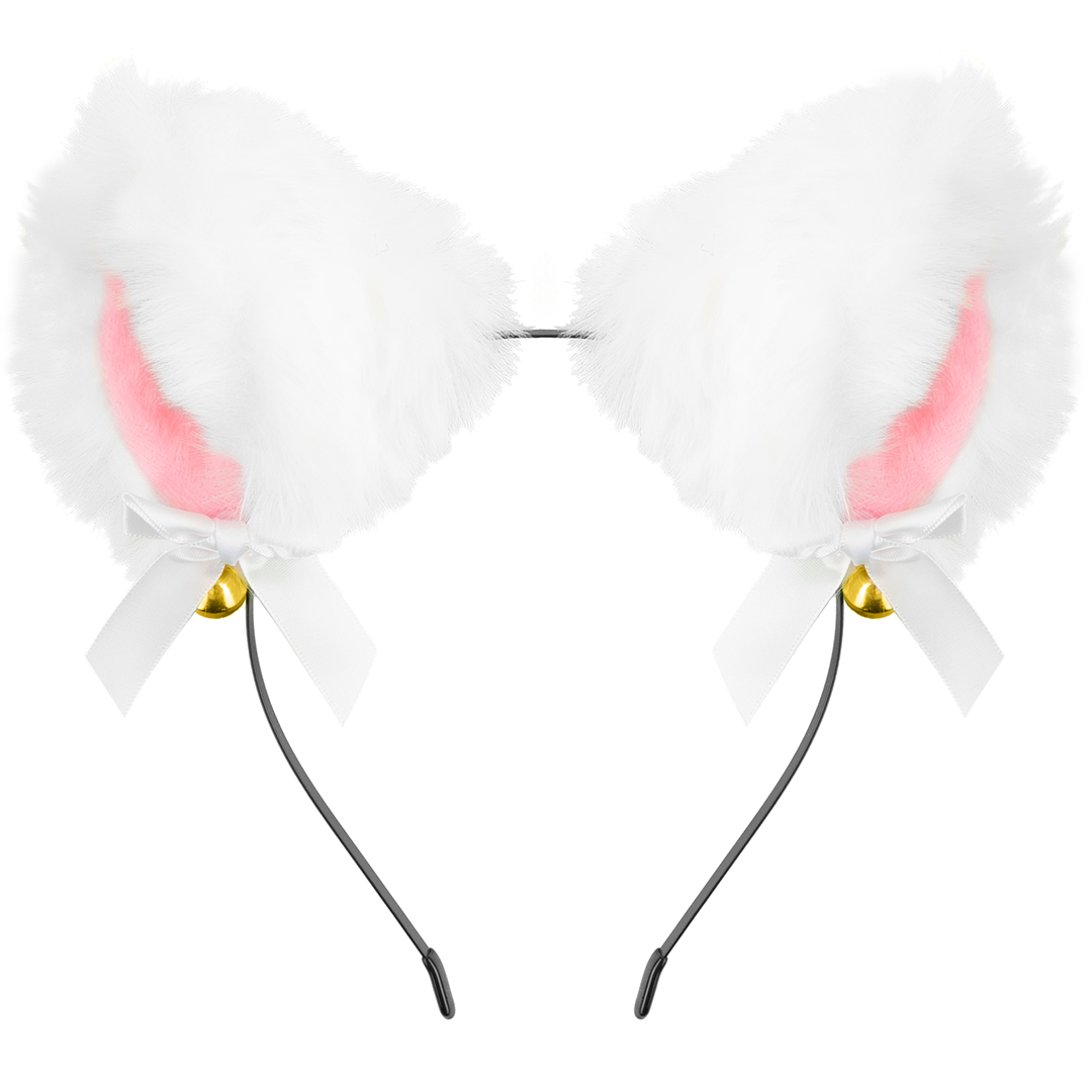 Ободок, Пушистые ушки - фурри, с бантиками, Белый, 1 шт. 