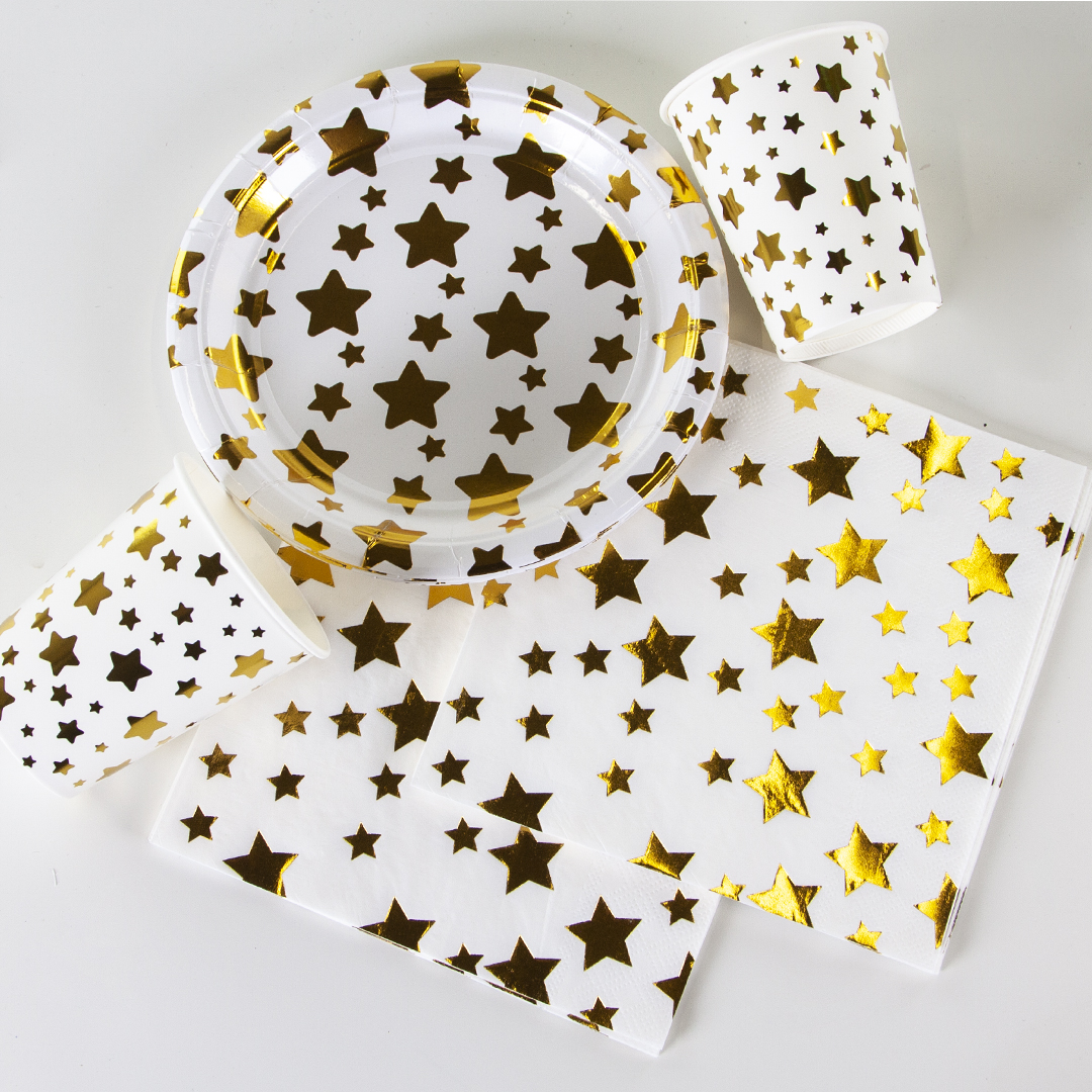 Тарелки (7''/18 см) Звезды Микс, Белый/Золото, Металлик, 6 шт.