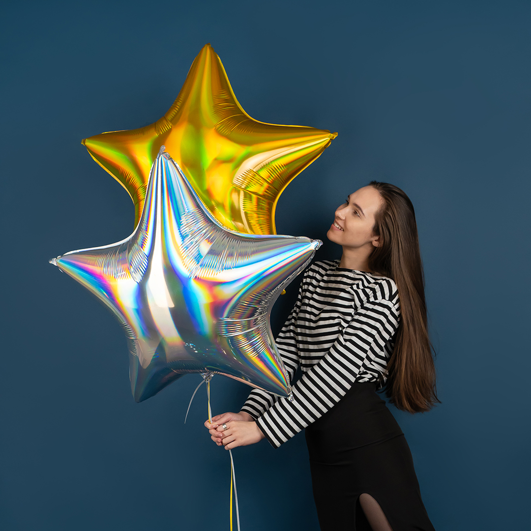Шар (32''/81 см) Звезда, Серебро, Голография, 1 шт.