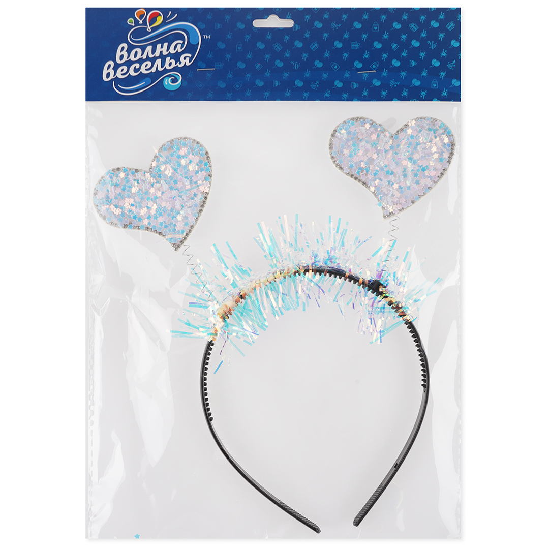 Ободок, Сердечки, Белый, с блестками, 23*21 см, 1 шт. 